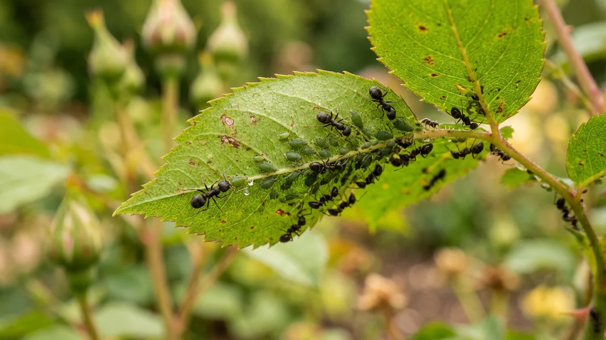 Nahaufnahme von Ameisen die Blattläuse auf einem grünen Blatt melken.