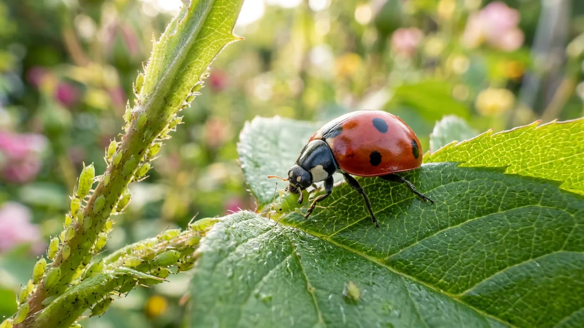 Roter Siebenpunkt-Marienkäfer frisst Blattläuse auf einem grünen Blatt.