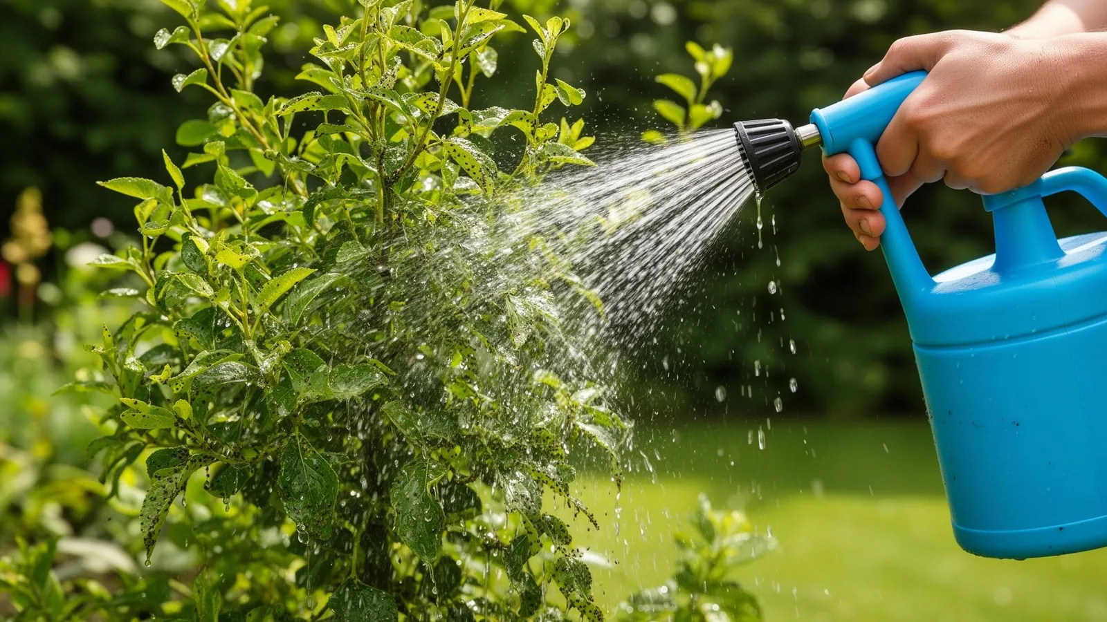 Pflanze wird zur Blattlaus-Bekämpfung mit Wasser abgespült