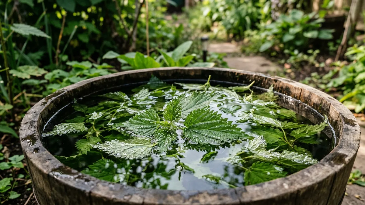 Frisch geschnittene Brennnesseln in einem großen Wasserbottich