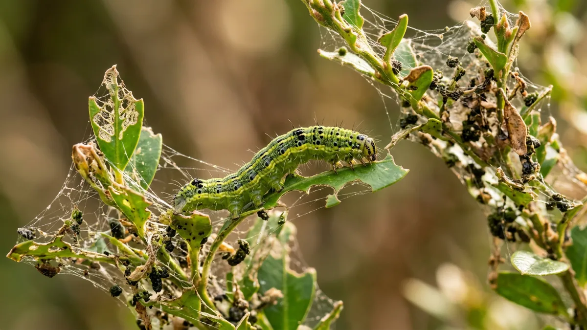 Buchsbaumzünsler Raupe an zerfressenen Blättern mit Gespinsten.