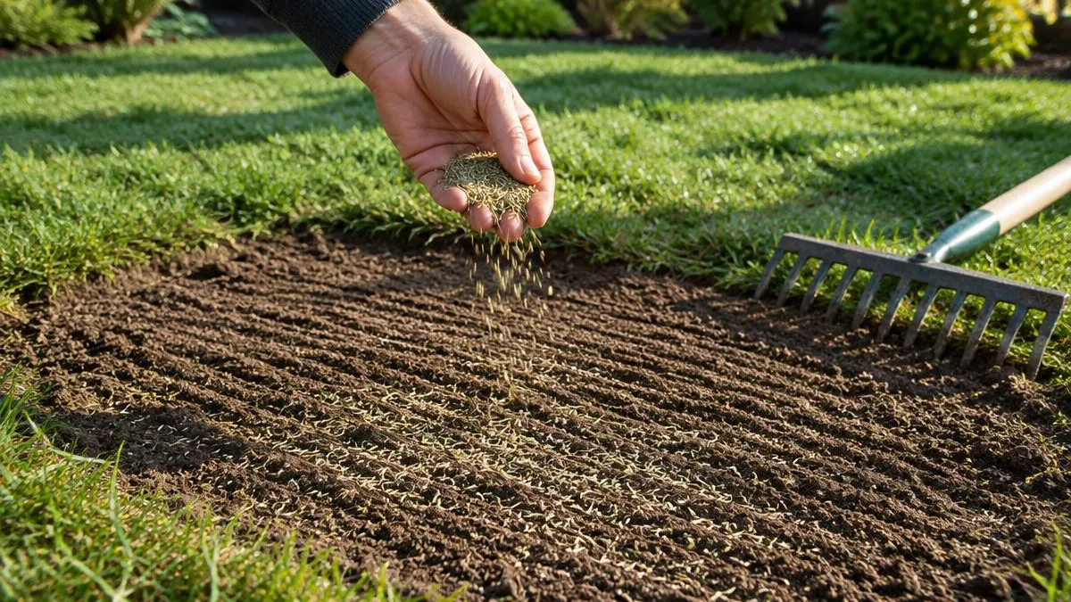 Hand streut Grassamen auf eine geharkte, kahle Schadstelle im Rasen, am Rand liegt ein Rechen