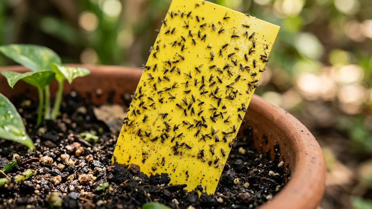 Makroaufnahme einer gelben Klebefalle mit gefangenen Trauermücken.