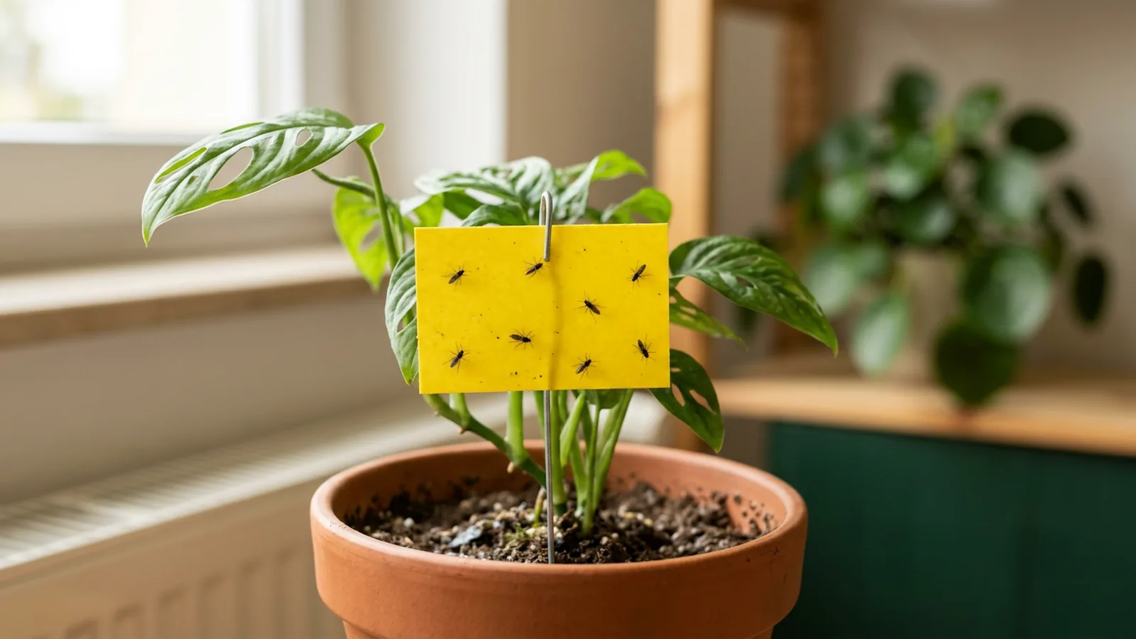 Gelbtafel in einer Zimmerpflanze fängt fliegende Insekten
