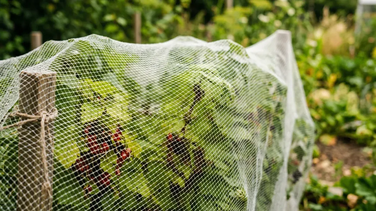 Feinmaschiges Schutznetz über Beerensträuchern im Garten.