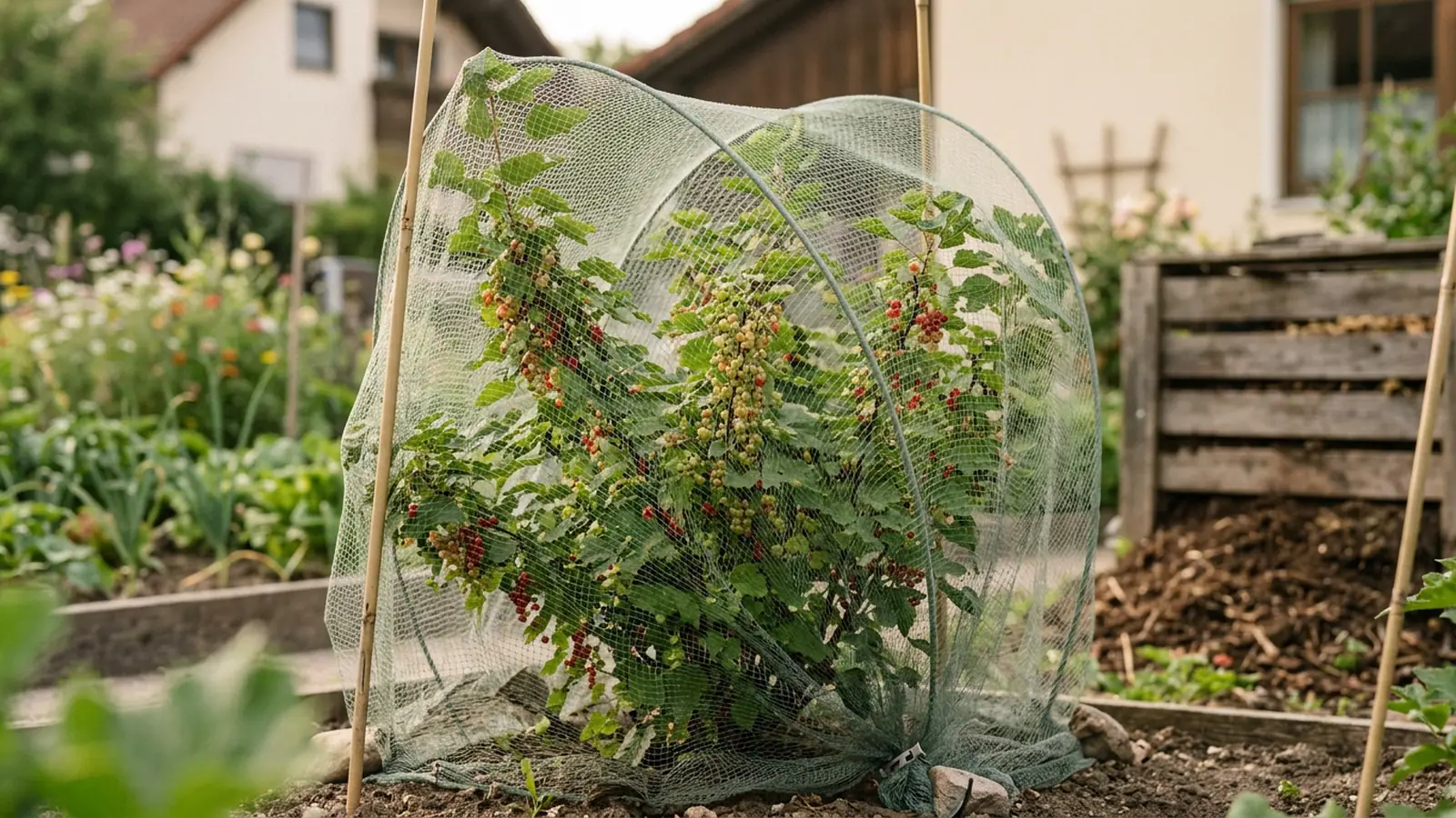 Mit feinmaschigem Netz abgedeckter Beerenstrauch zum Schutz vor der Kirschessigfliege