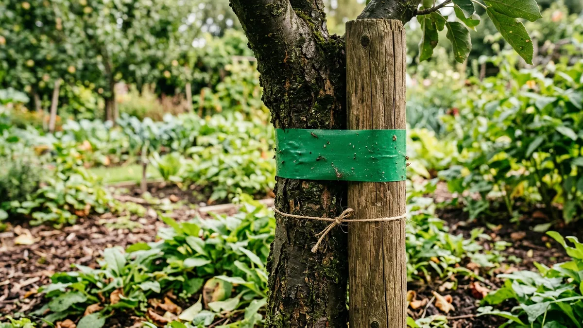 Ein grüner Leimring ist fest um einen Obstbaumstamm und dessen Stützpfahl gewickelt.