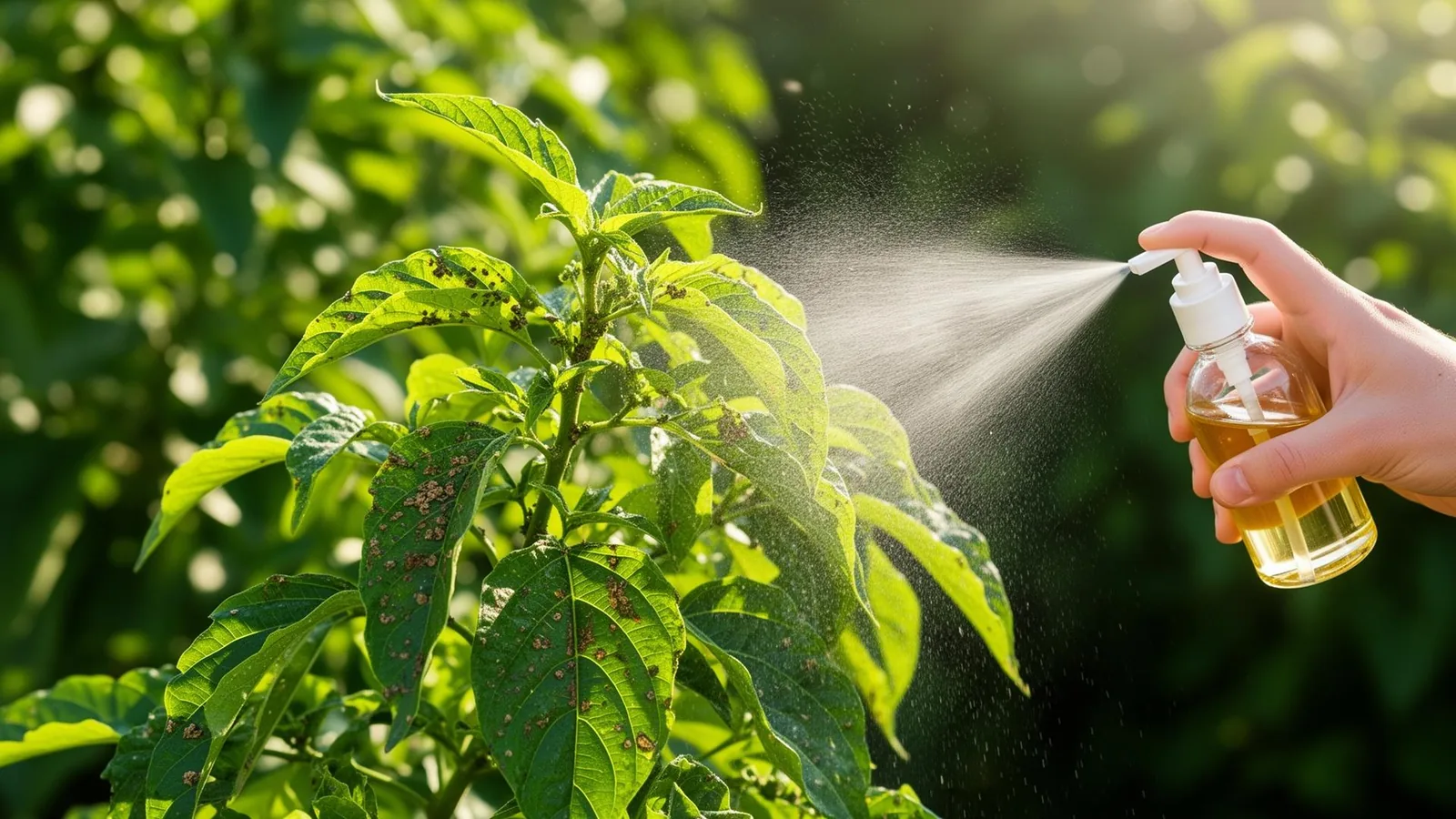 Neemöl wird auf eine befallene Pflanze gesprüht