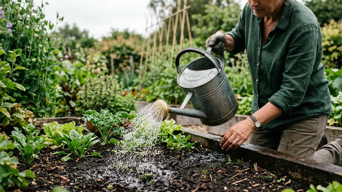 Hand giesst Nematodenloesung mit einer Giesskanne auf Gartenboden