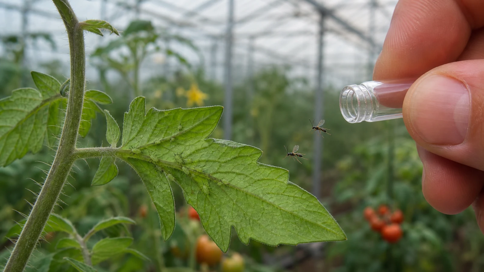 Gärtnerhände hängen eine kleine Pappkarte mit Schlupfwespen-Larven an eine Tomatenpflanze.