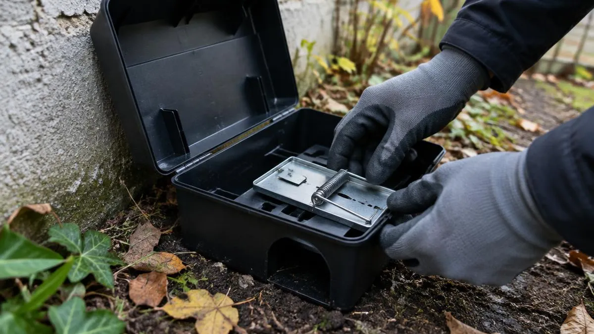 Hände in Handschuhen setzen eine schlichte Metall-Schlagfalle in eine geöffnete schwarze Köderbox am Boden nahe einer Gartenmauer