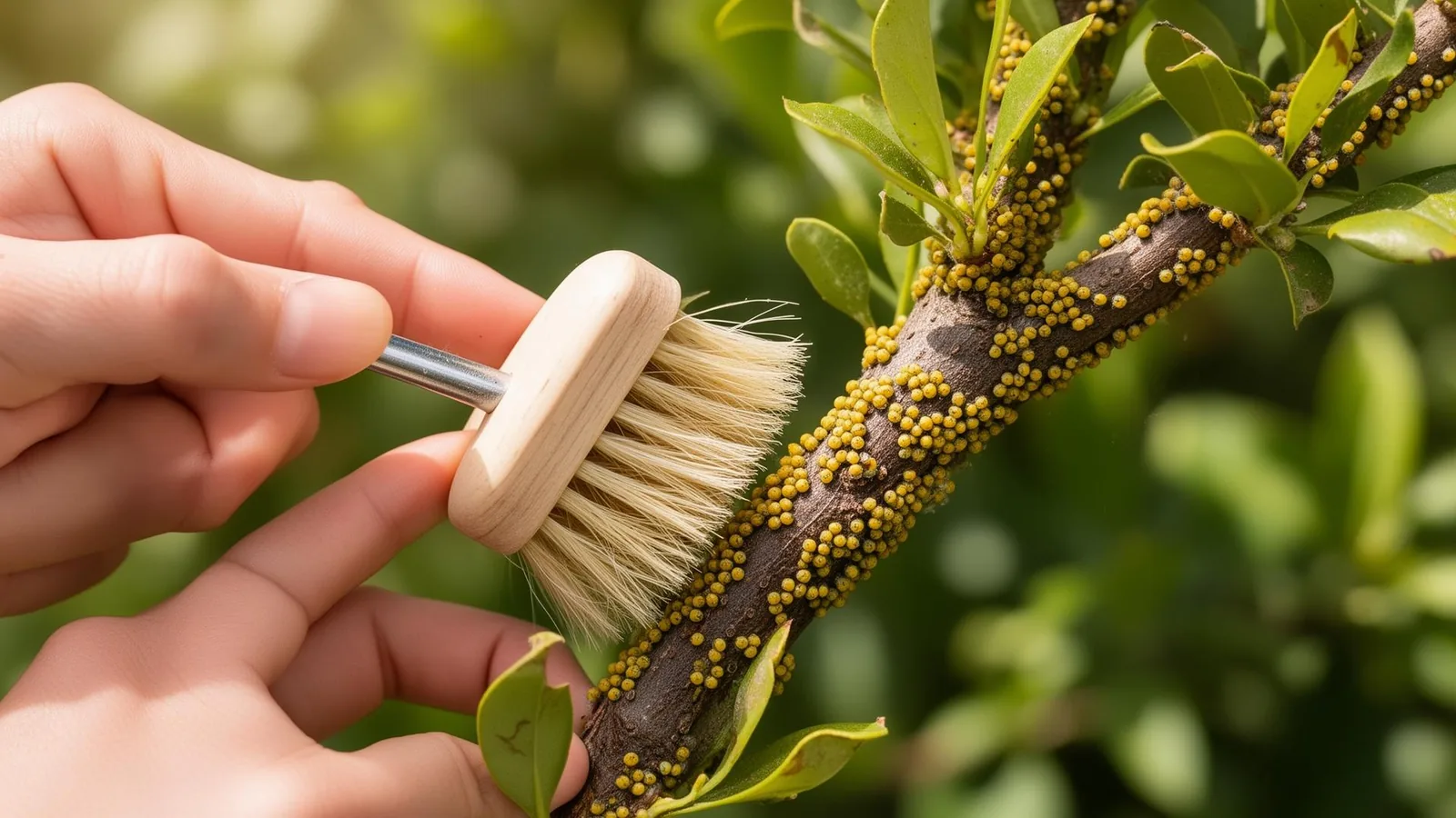 Schildläuse werden mechanisch von einem Pflanzenstiel entfernt