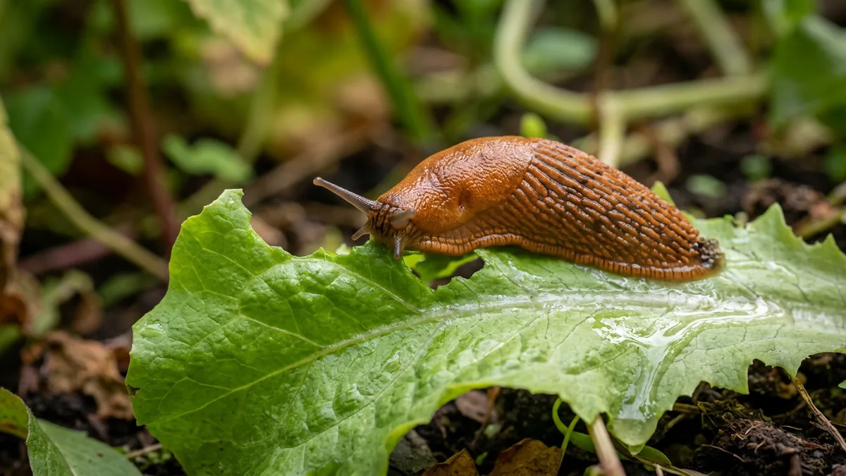 Rote Wegschnecke frisst an einem grünen Salatblatt im Garten.