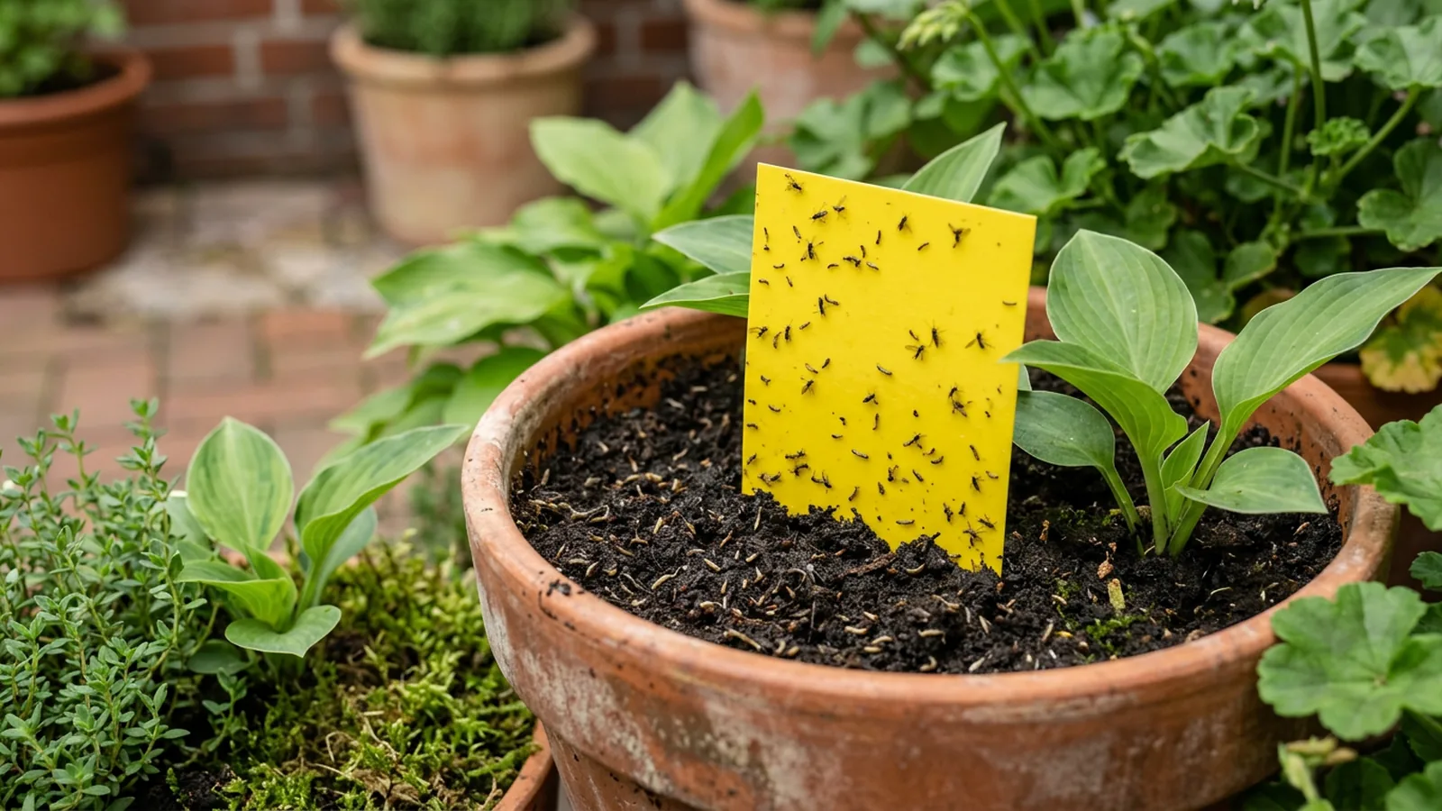 Gelbtafel steckt zur Trauermücken-Bekämpfung in einem Blumentopf