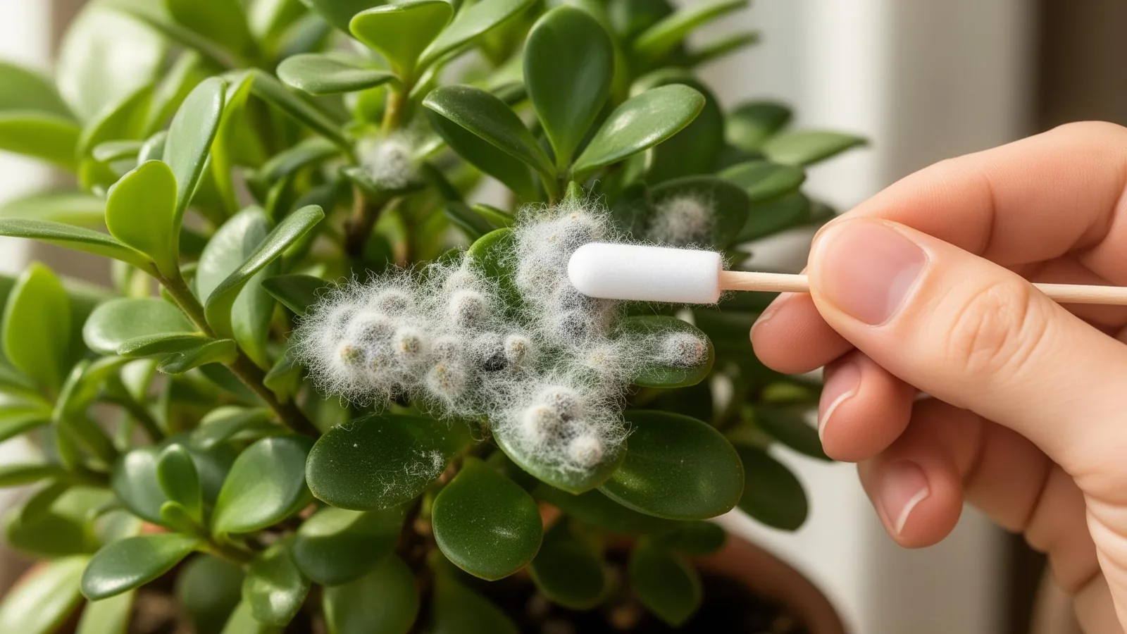 Wollläuse werden mit einem Wattestäbchen entfernt