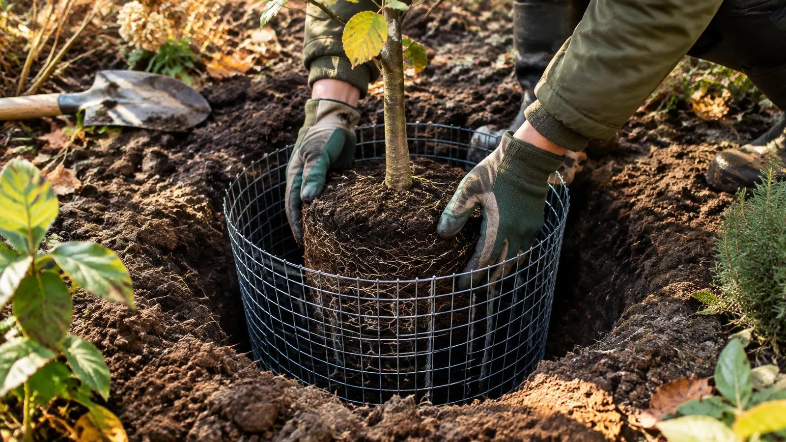 Hände in Handschuhen setzen einen jungen Apfelbaum mit Wurzelballen in ein Pflanzloch, das mit einem verzinkten Drahtkorb ausgekleidet ist