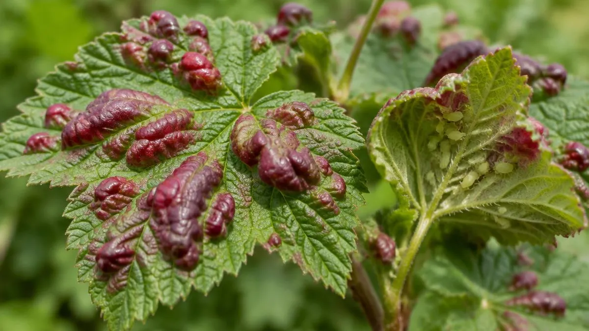 Johannisbeerblätter mit roten bis violetten blasigen Aufwölbungen auf der Oberseite, ein leicht gedrehtes Blatt mit kleinen hellen Läusen unter einer Blase