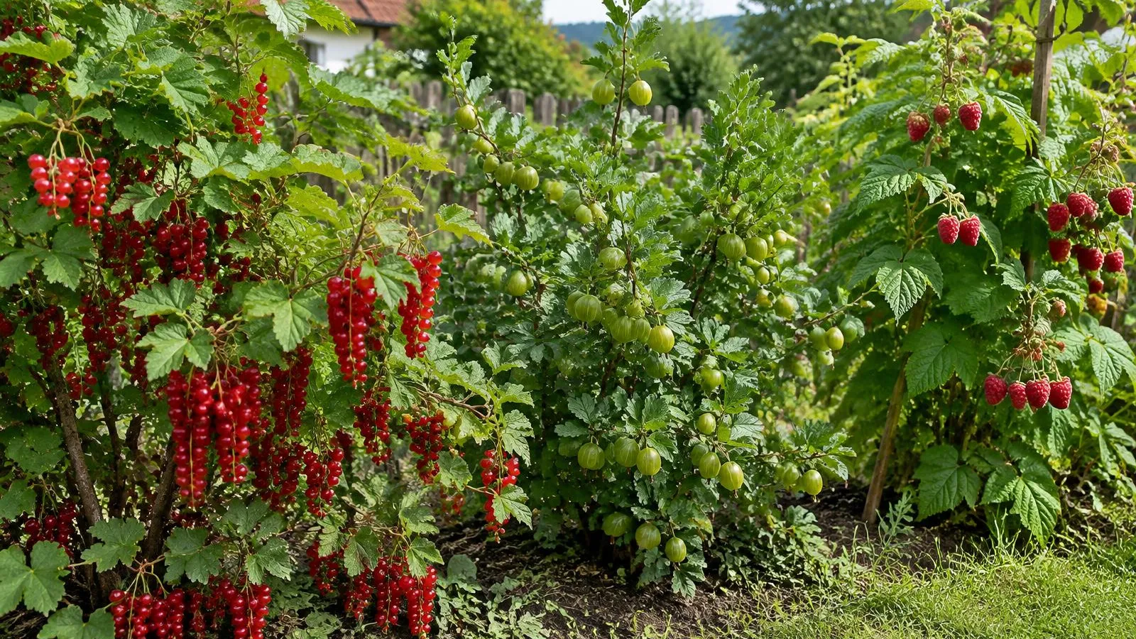 Reihe von Beerensträuchern im Frühsommer: Rote Johannisbeere mit Rispen, Stachelbeere mit grünen Beeren und Himbeerrute mit roten Früchten