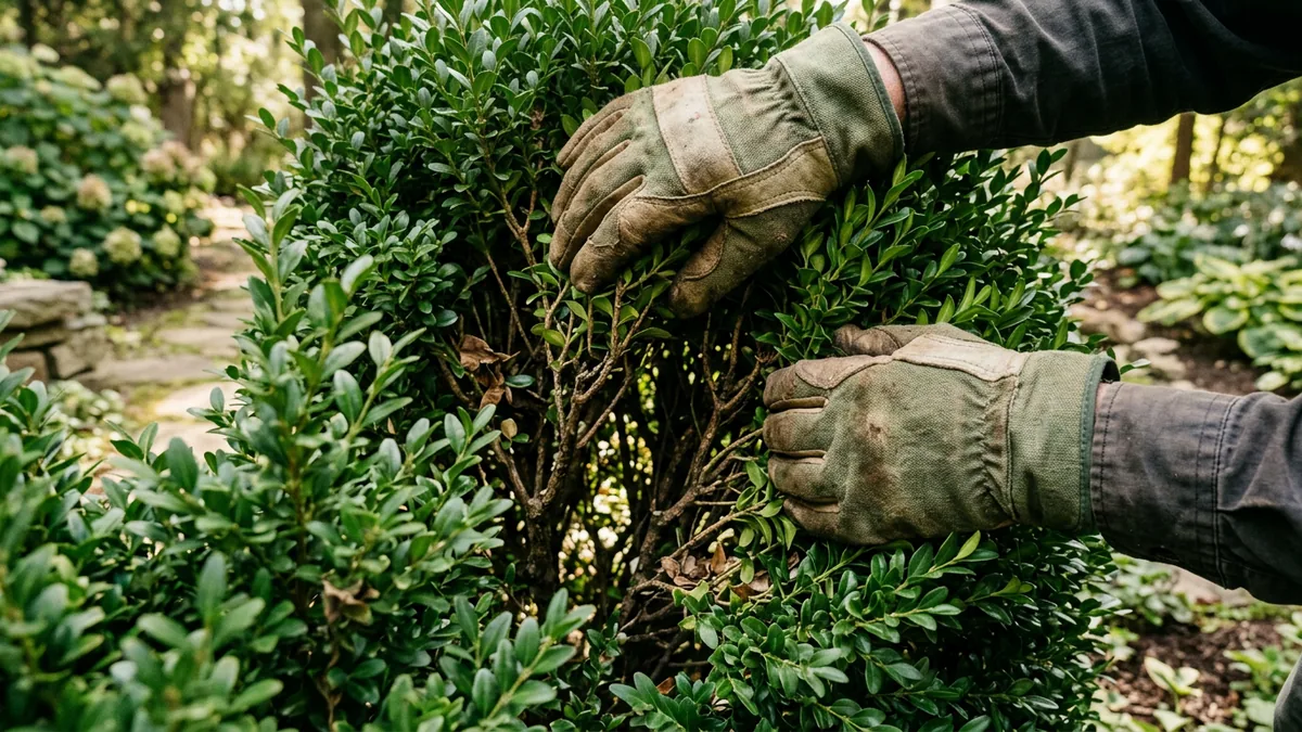 Gärtner kontrolliert die dichten Blätter einer Buchsbaumhecke auf Schädlinge.