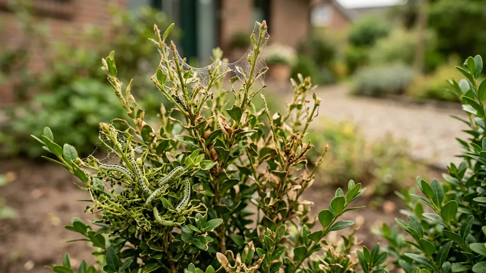 Buchsbaumhecke mit Fraßschäden durch den Buchsbaumzünsler