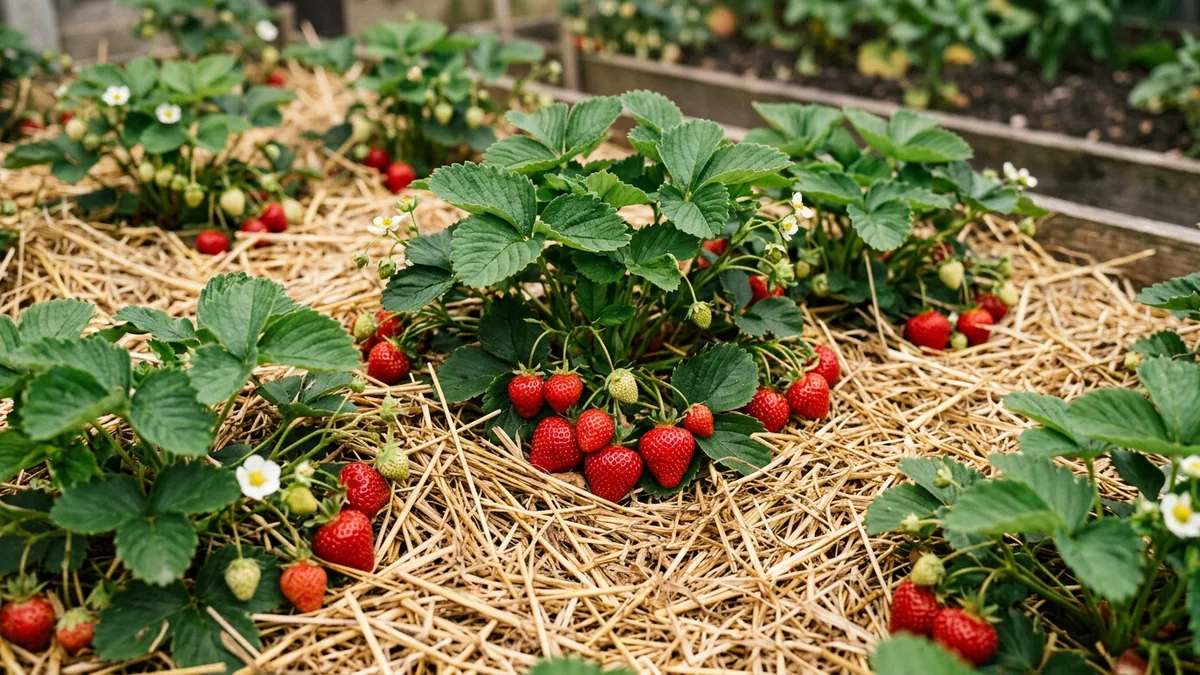 Erdbeerpflanzen auf einer sauberen Schicht aus hellem Stroh im Gartenbeet.