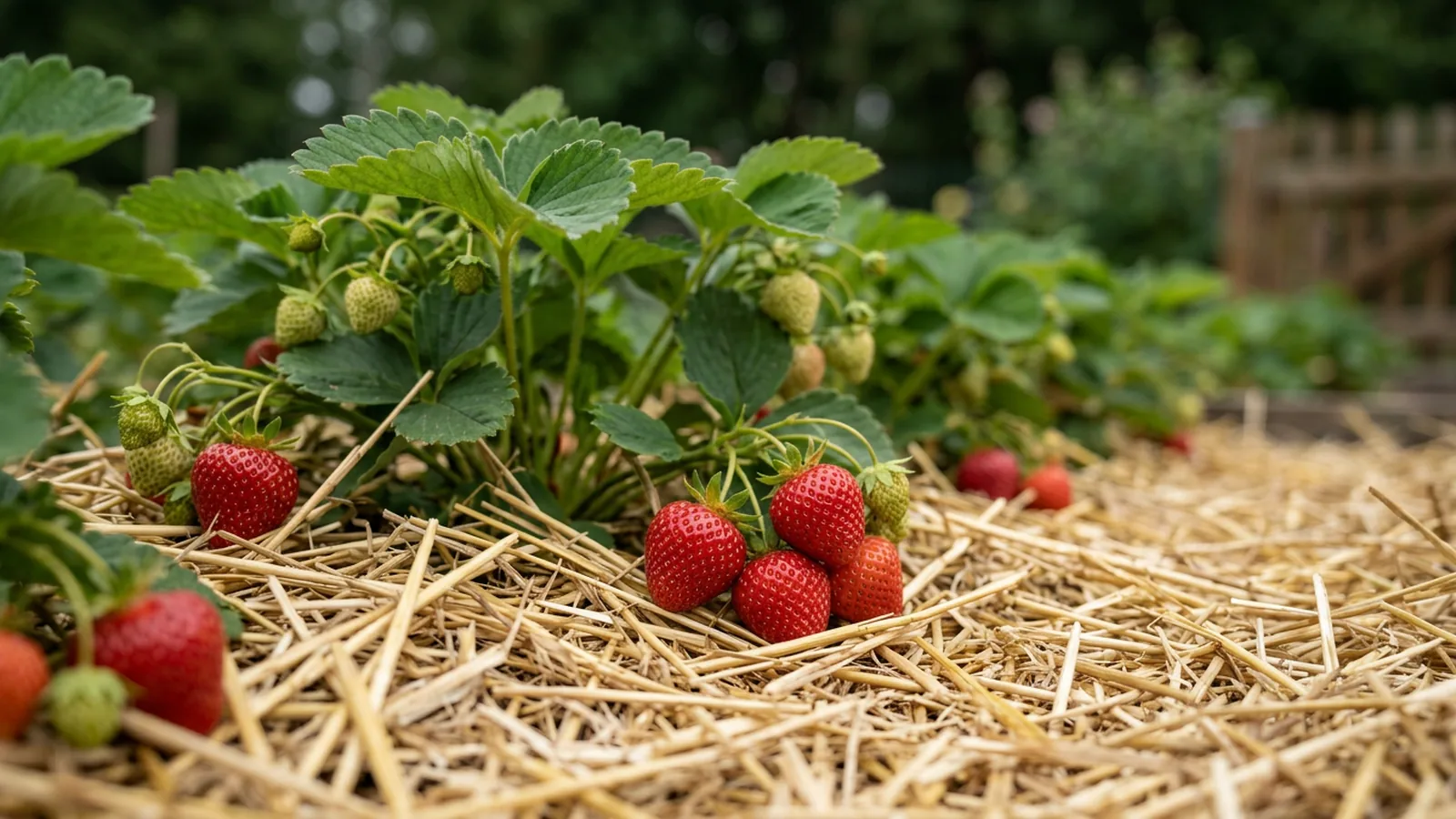 Reife Erdbeeren auf Stroh im Beet