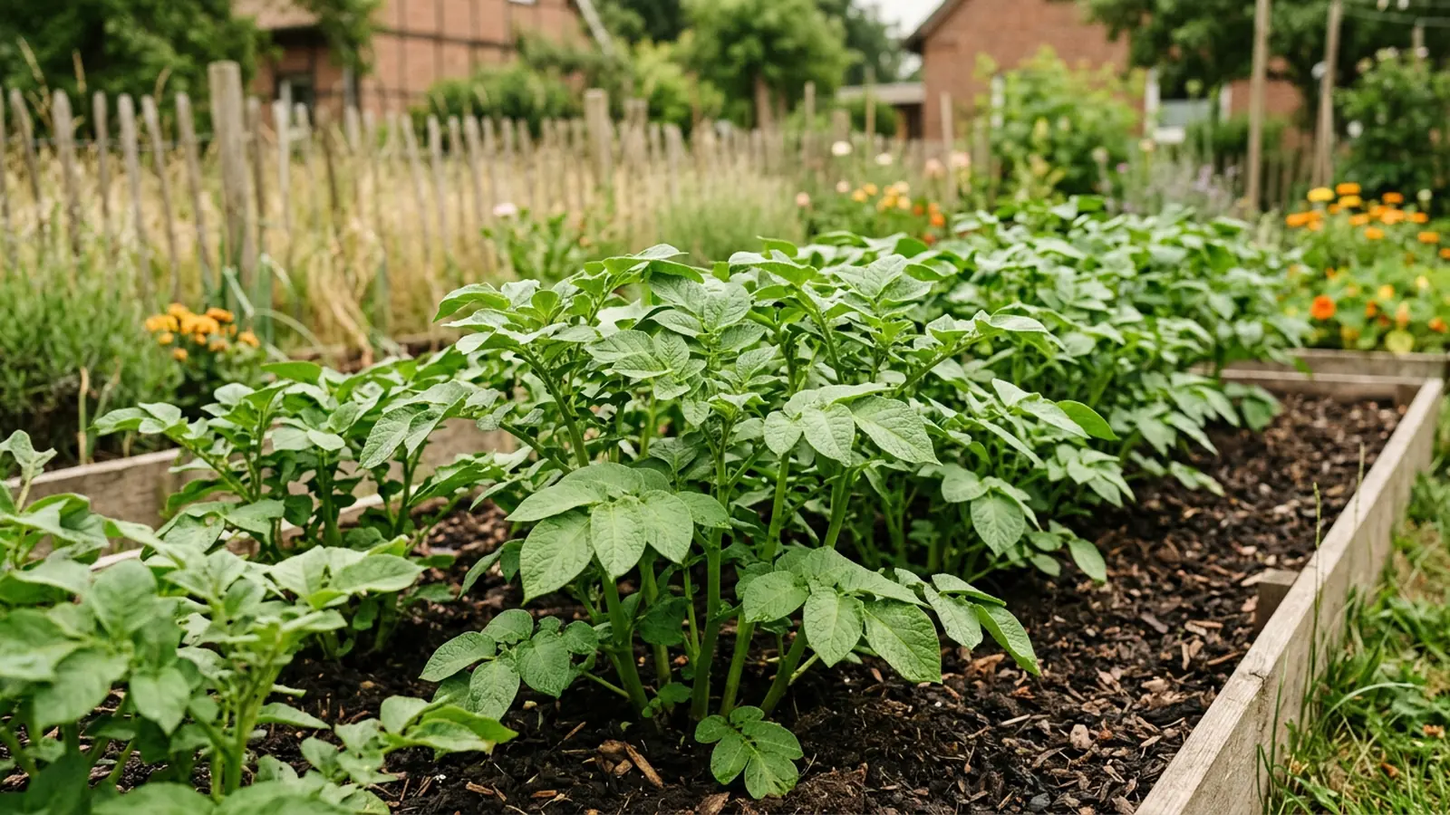 Kartoffelpflanzen mit gesundem grünem Laub im Beet