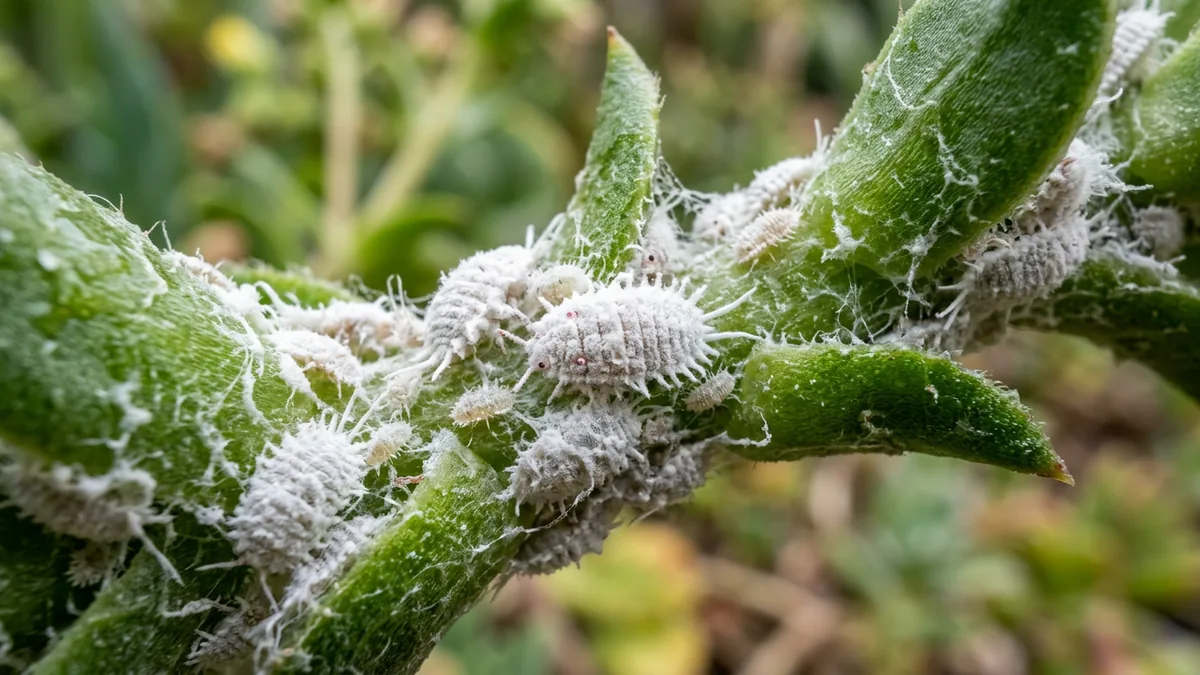 Weisse watteartige Wolllaeuse an den Blattachseln einer Pflanze