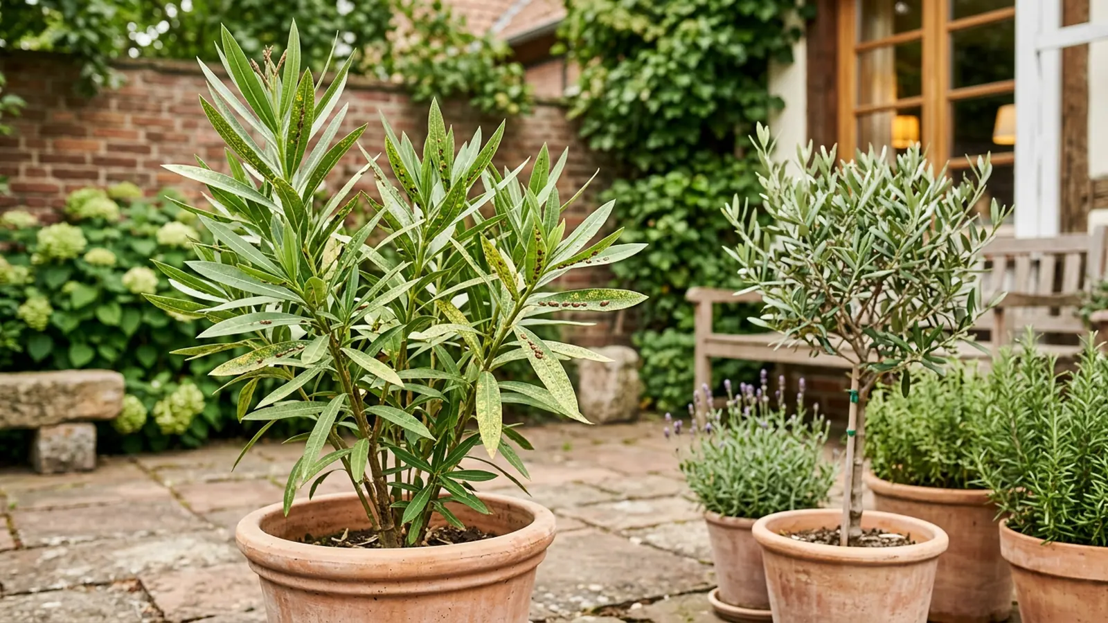 Mediterrane Kübelpflanzen auf einer Terrasse