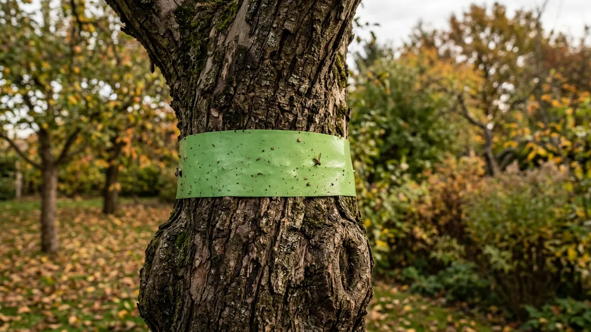 Ein grüner Leimring ist fest um den braunen Stamm eines Obstbaums angebracht.