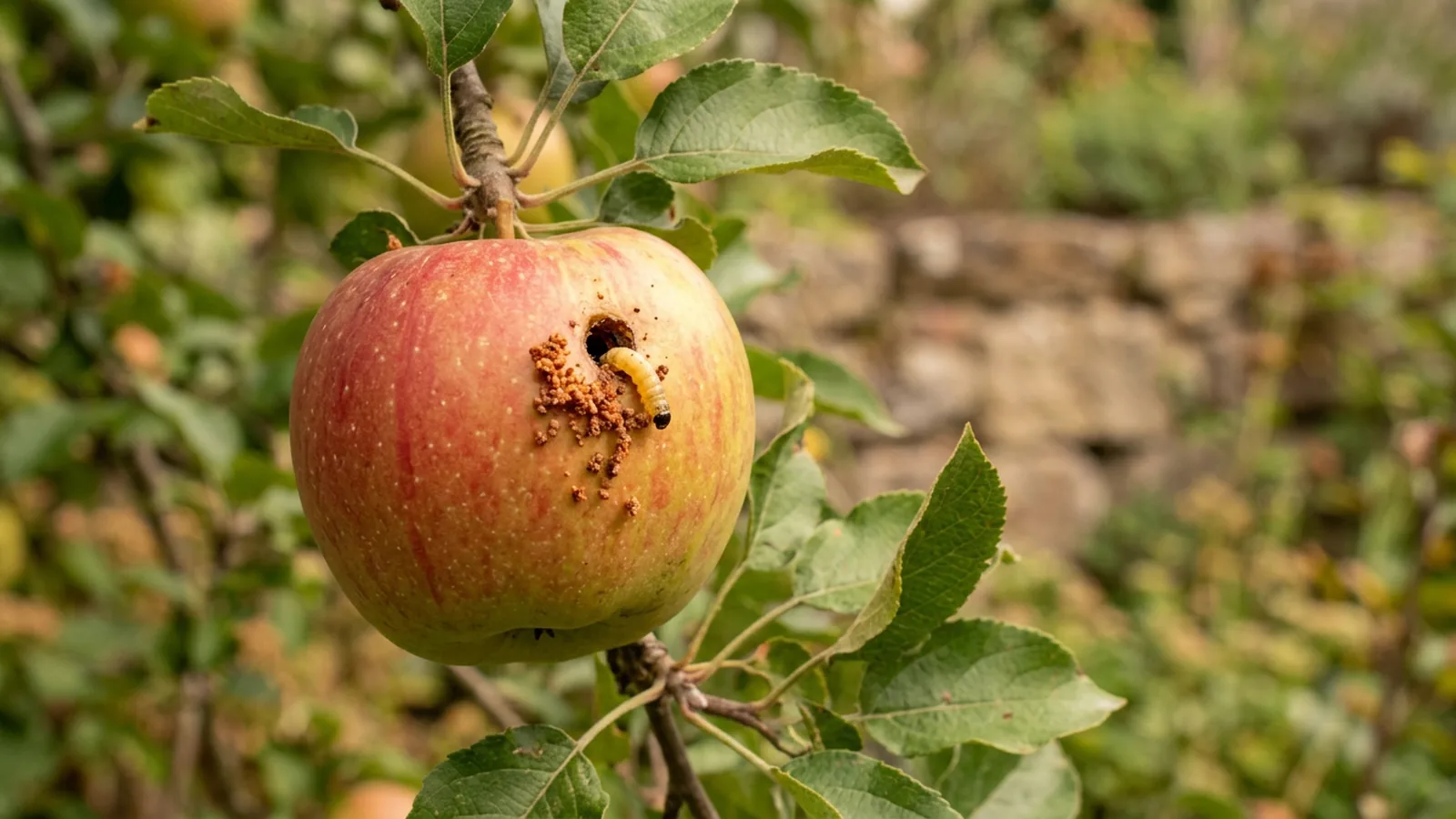 Apfel mit Bohrloch und Kotkrümeln durch die Apfelwickler-Larve