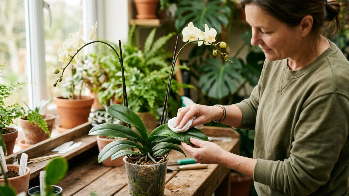 Pflege einer Orchidee mit Tuch