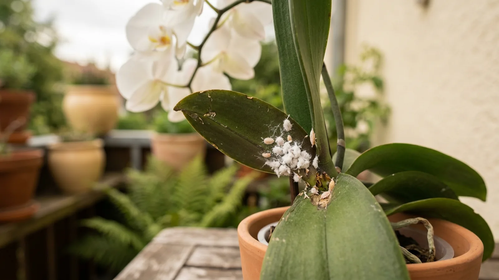Orchidee mit weißen watteartigen Wollläusen in der Blattachsel