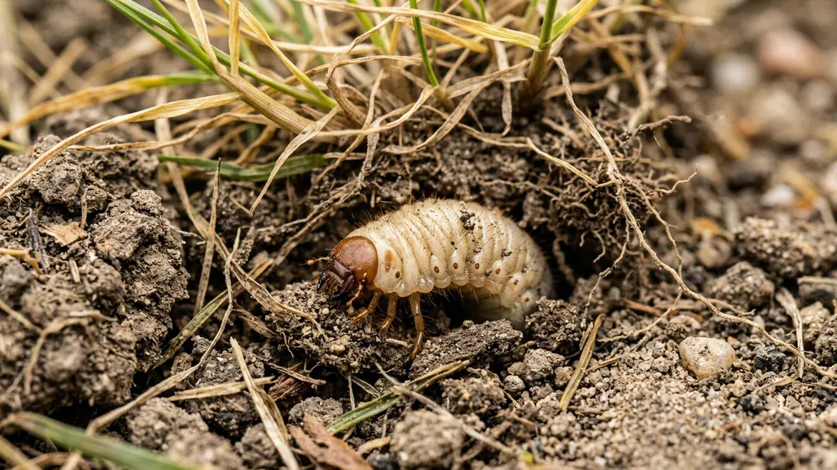 Engerlinge liegen in der Erde unter einer abgestorbenen Grasnarbe