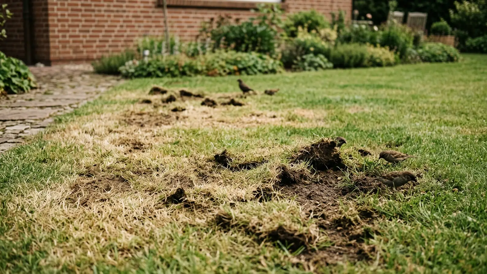 Rasenfläche mit braunen Flecken und angehobener Grasnarbe