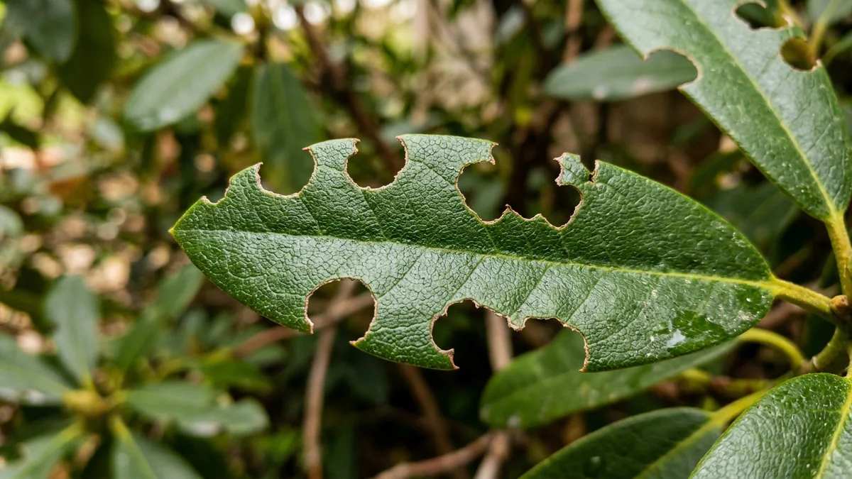 Rhododendronblatt mit den typischen u-förmigen Fraßspuren des Dickmaulrüsslers am Rand.