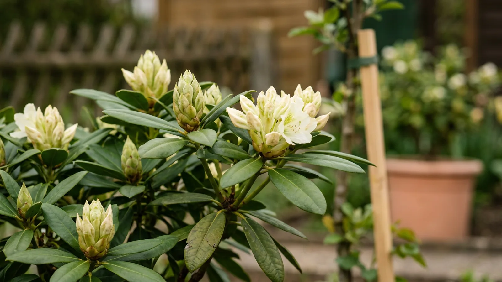 Blühender Rhododendron mit gesunden Knospen und Blättern