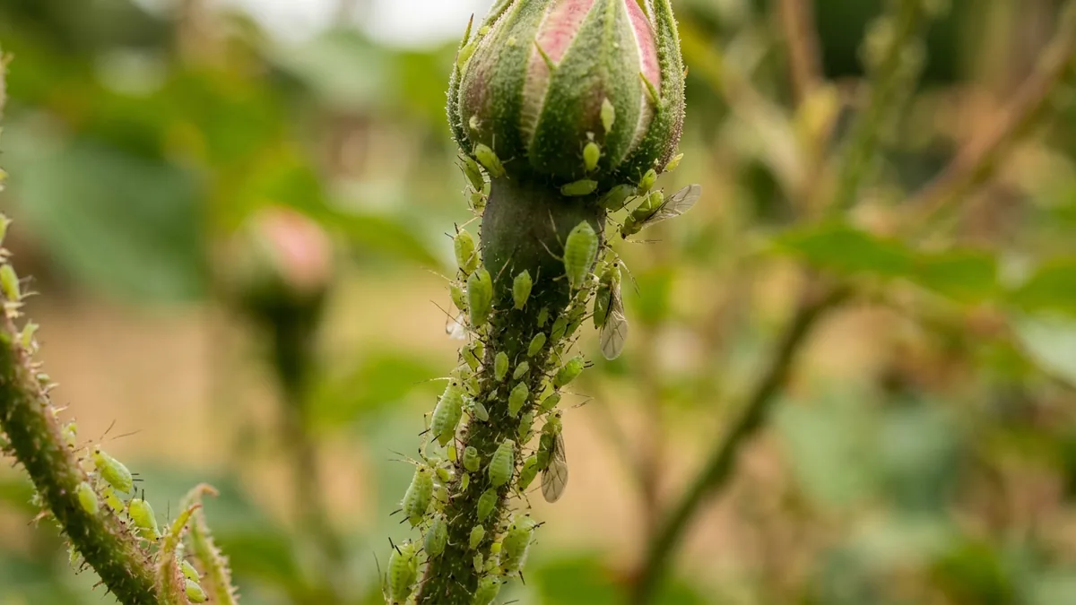 Grüne Blattläuse an einem jungen Rosenknospenstiel in Nahaufnahme