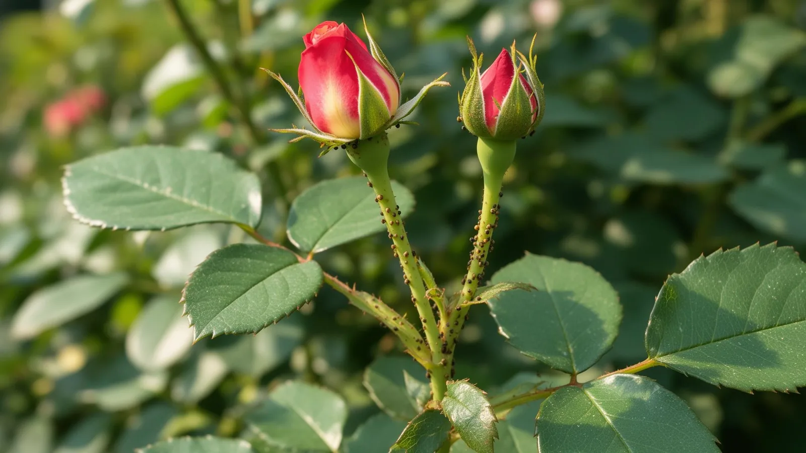 Rose mit Blattlausbefall an Knospen