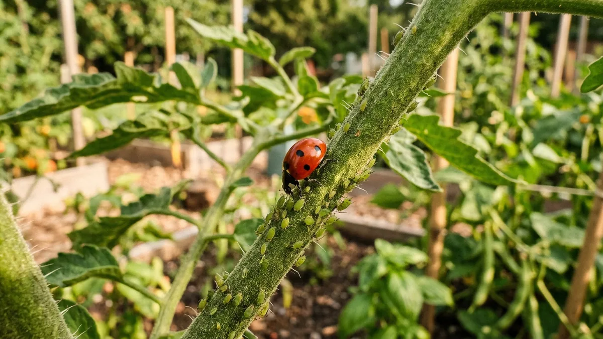 Ein Marienkäfer frisst Blattläuse auf einem gesunden Tomatenstängel.