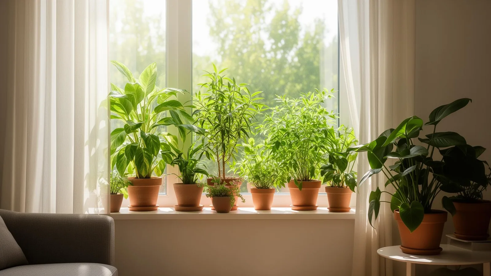 Verschiedene Zimmerpflanzen am Fenster