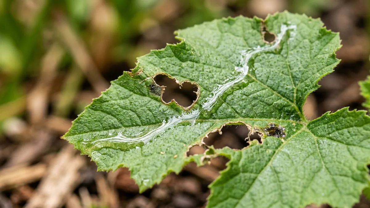 Abgefressene Zucchini-Jungpflanze mit Schleimspur