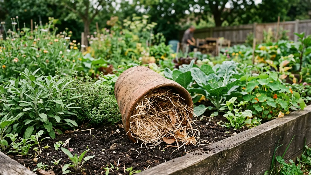 Umgedrehter Terrakottapot mit Holzwolle steht auf der Erde im Hochbeet
