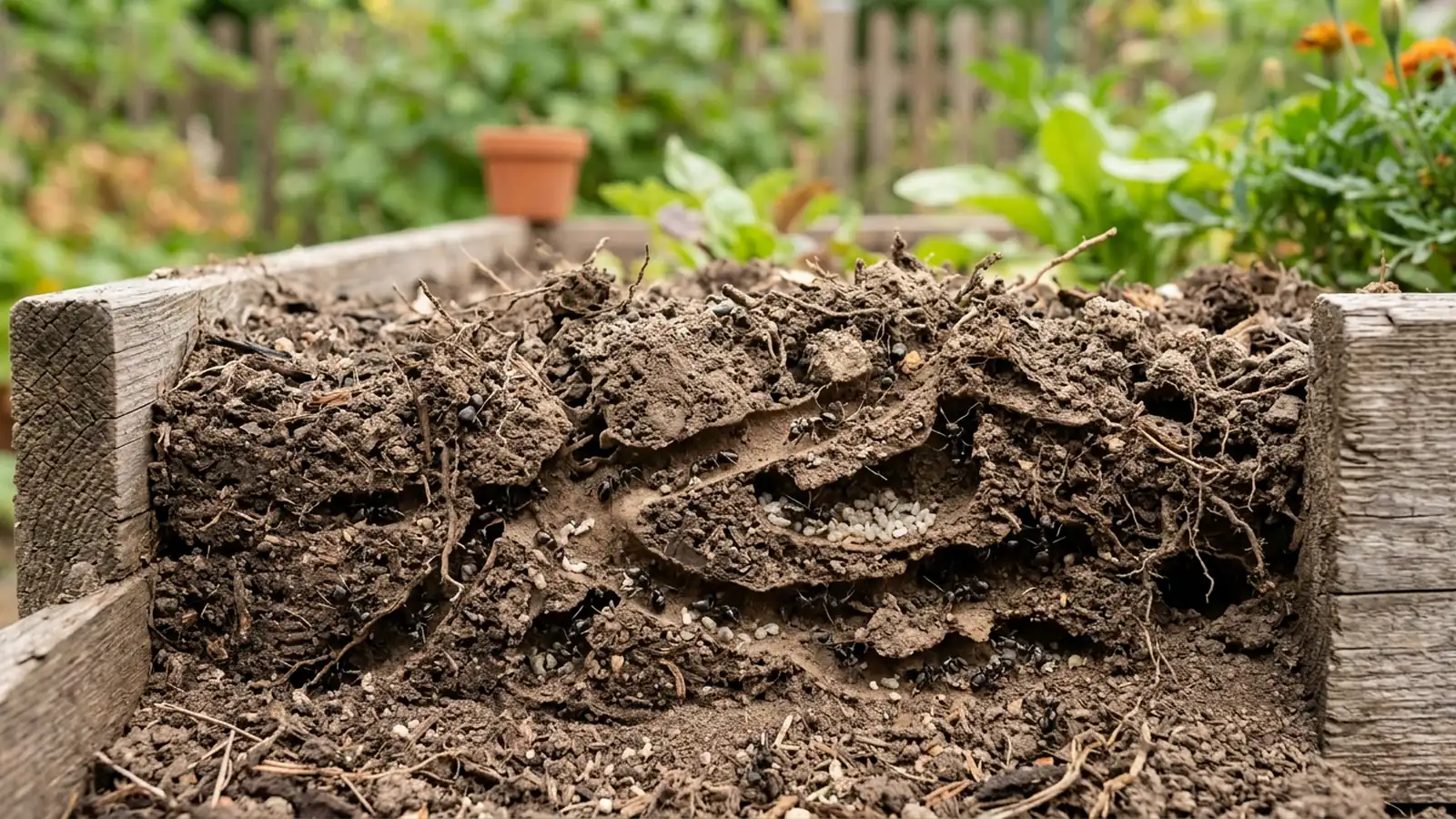 Ameisennest in der trockenen Erde eines Hochbeets