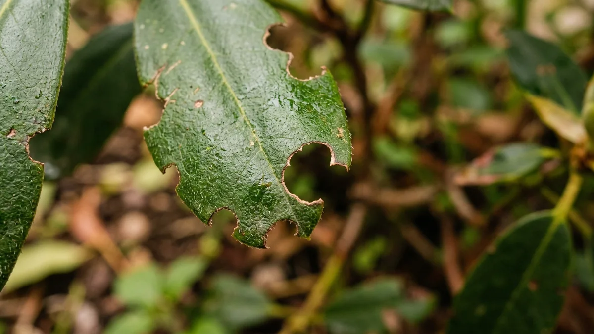 Nahaufnahme von Rhododendronblaettern mit charakteristischen buchtenartigen Frassspuren.