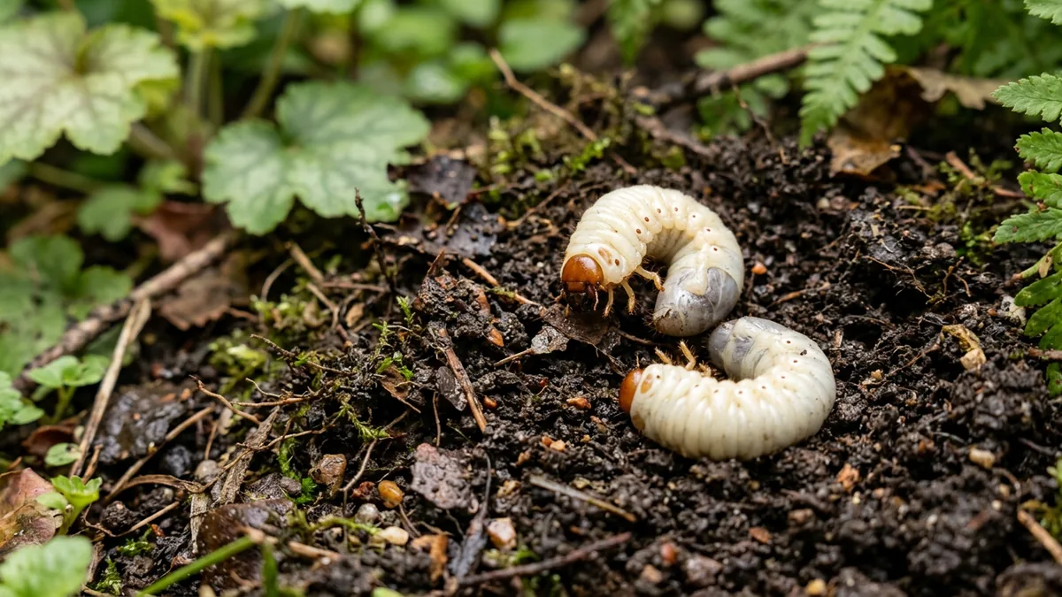 C-foermige, weisse Larven des Dickmaulruesslers in dunkler Gartenerde.