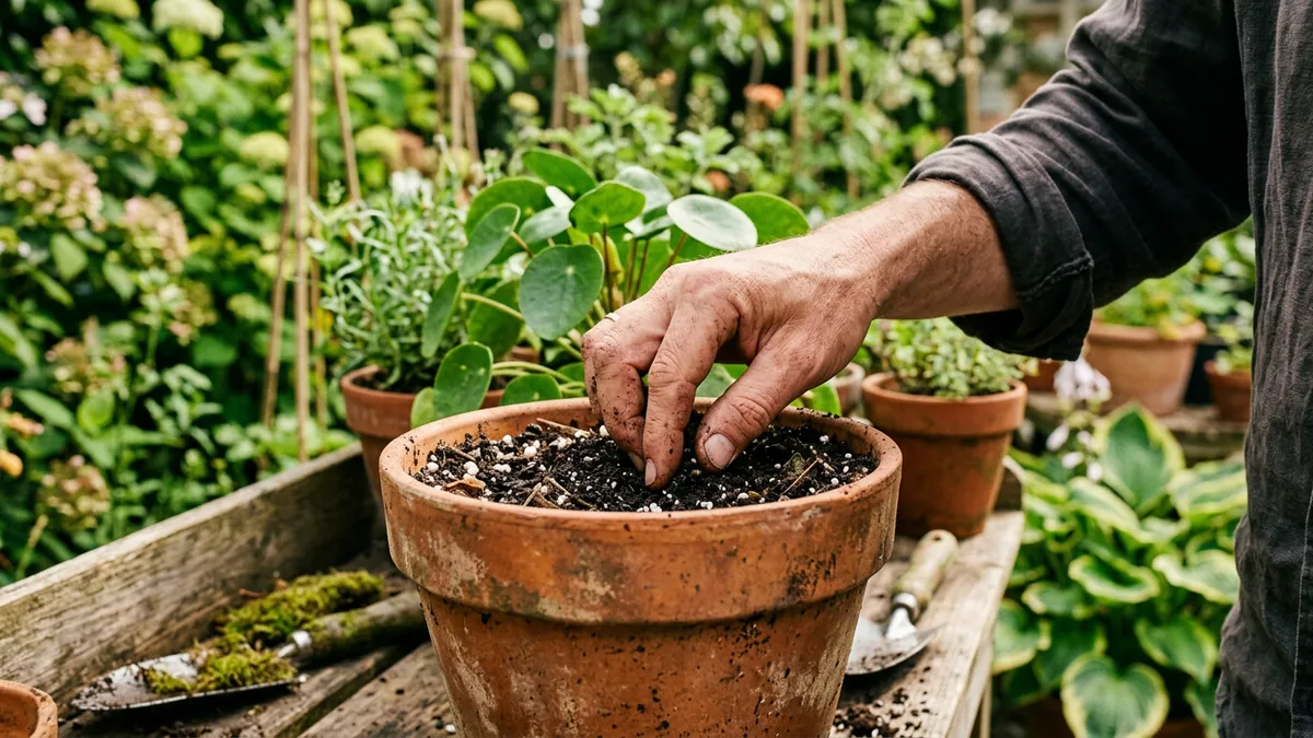 Eine Hand prüft mit dem Finger die Feuchtigkeit der Blumenerde im Topf