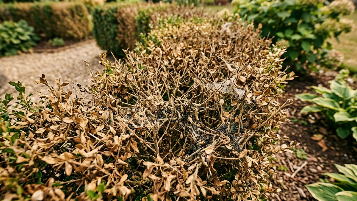 Zerstörter Buchsbaum mit hellbraunen Blatträndern und kahlen Zweigen im Garten.