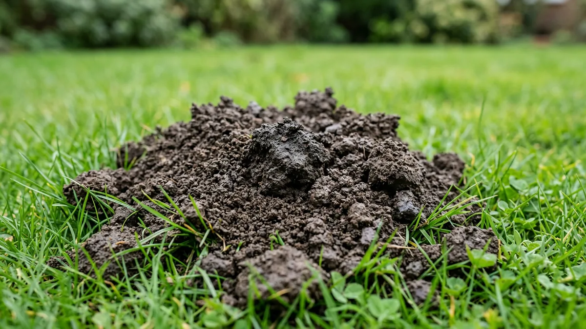 Nahaufnahme eines frischen Erdhaufens auf grünem Rasen mit feinkrümeliger Struktur.