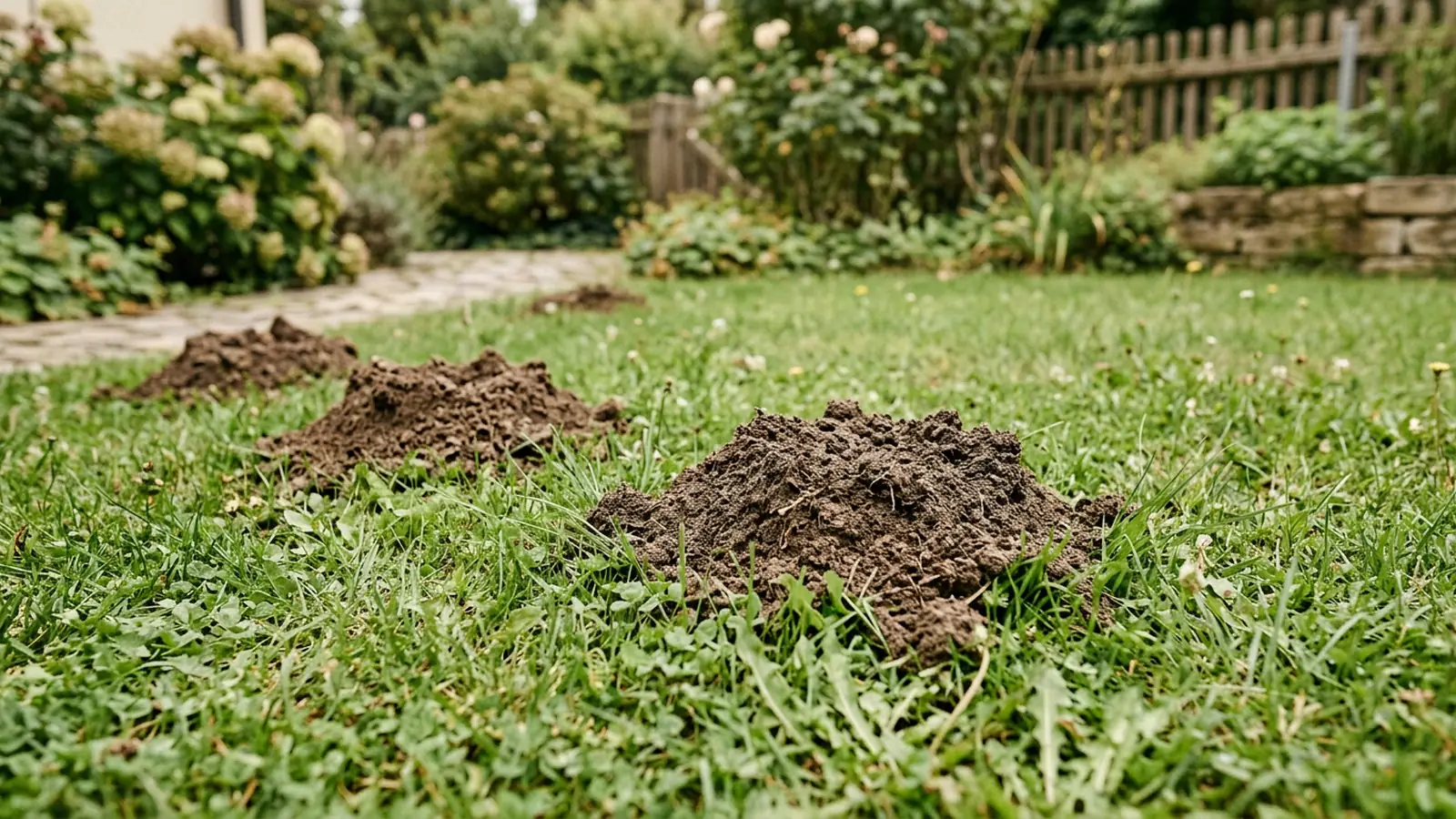 Mehrere frische Erdhaufen auf einer Rasenfläche
